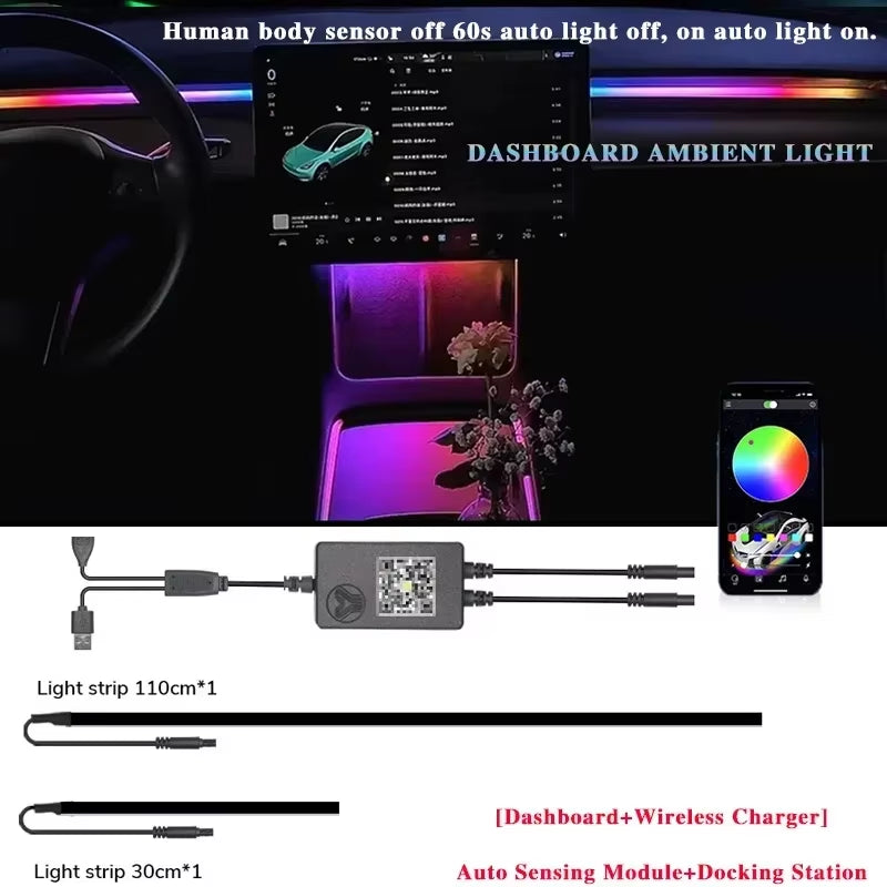 Dynamic RGB Ambient Lighting Module for Tesla Model 3/Y - 2-in-1 Dashboard Decorative LED with 60 Seconds Automatic Shut-off