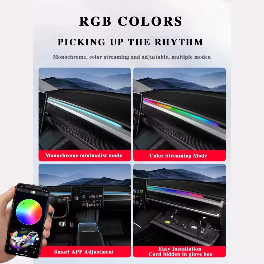 Dynamic RGB Ambient Lighting Module for Tesla Model 3/Y - 2-in-1 Dashboard Decorative LED with 60 Seconds Automatic Shut-off