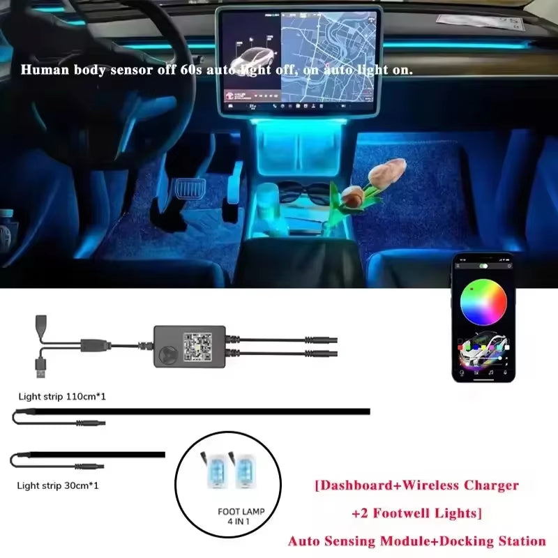 Dynamic RGB Ambient Lighting Module for Tesla Model 3/Y - 2-in-1 Dashboard Decorative LED with 60 Seconds Automatic Shut-off