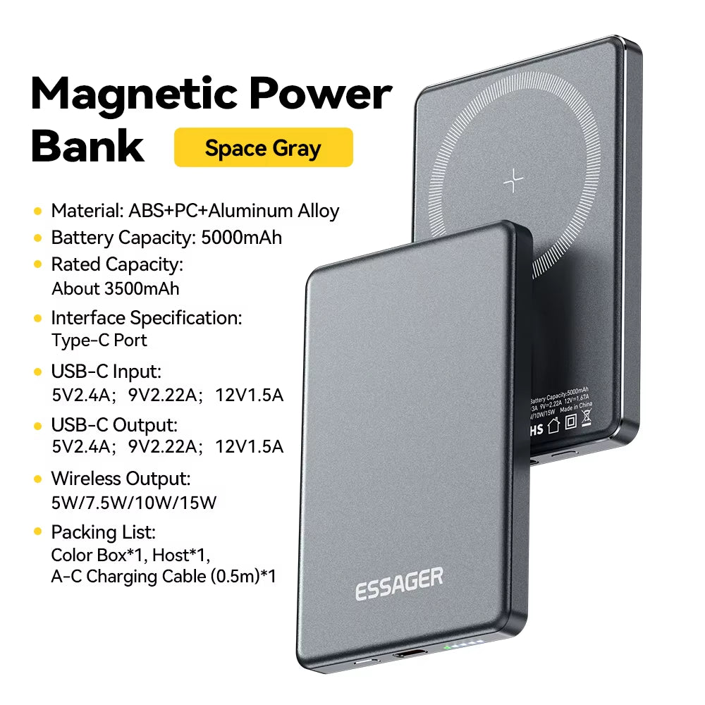 20W Magnetic Wireless Power Bank, 5000mAh Portable Fast Charging External Battery for MagSafe Compatible with iPhone 14/15/16/17