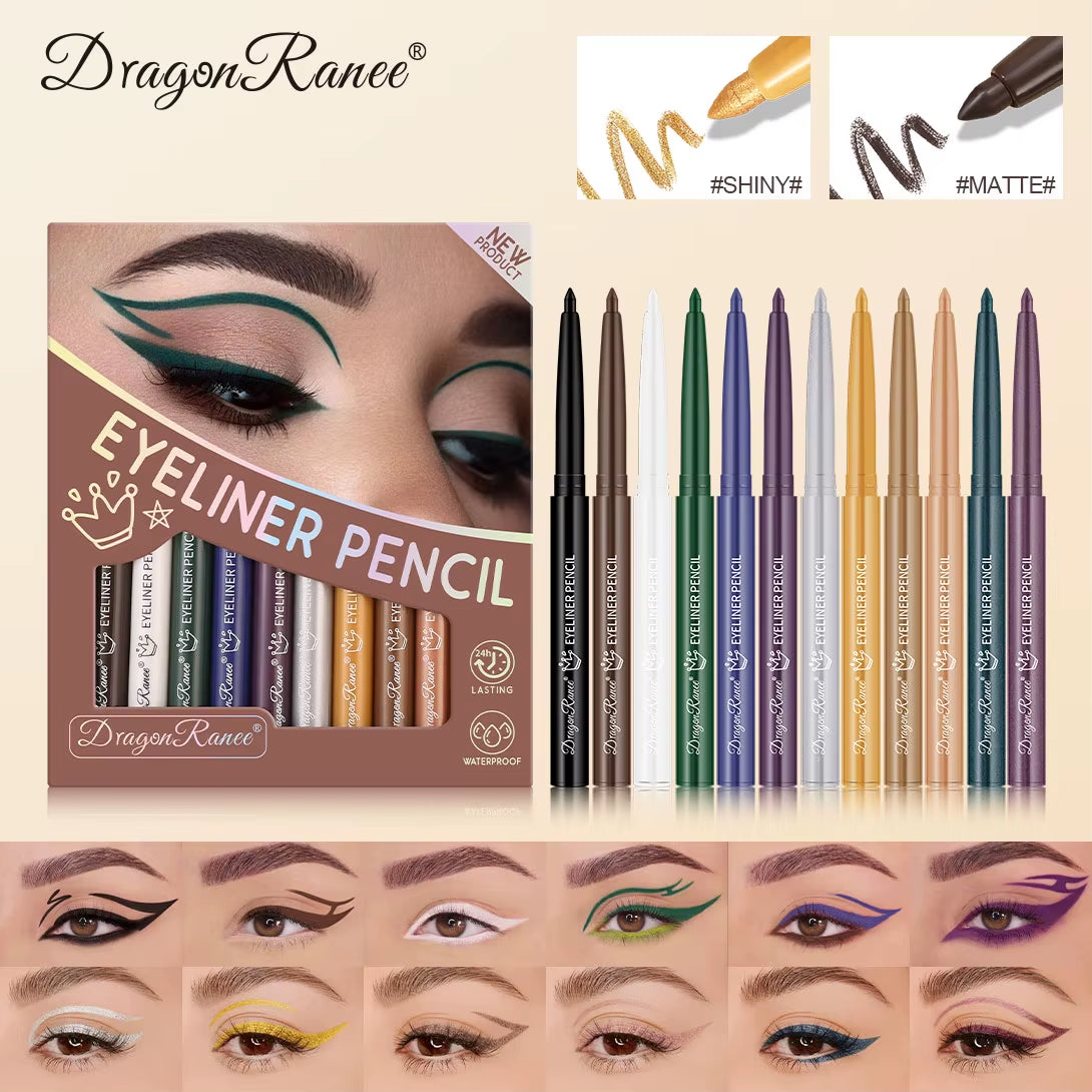 12-Piece Waterproof Eyeliner Set - Long-Lasting, Non-Smudging, Non-Irritating Multi-Color Makeup for Holiday Performances and Gifting