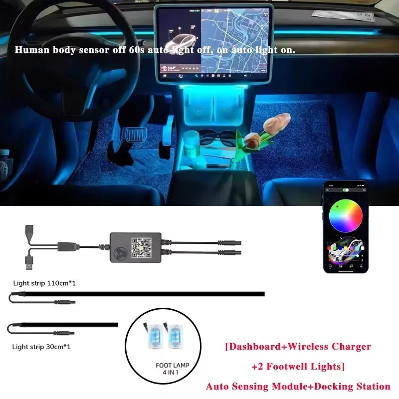 Dynamic RGB Ambient Lighting Module for Tesla Model 3/Y - 2-in-1 Dashboard Decorative LED with 60 Seconds Automatic Shut-off